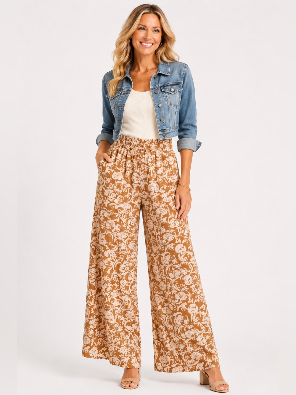 PHILOSOPHY Damask Print Elastic Waist Wide Leg Pants NWT